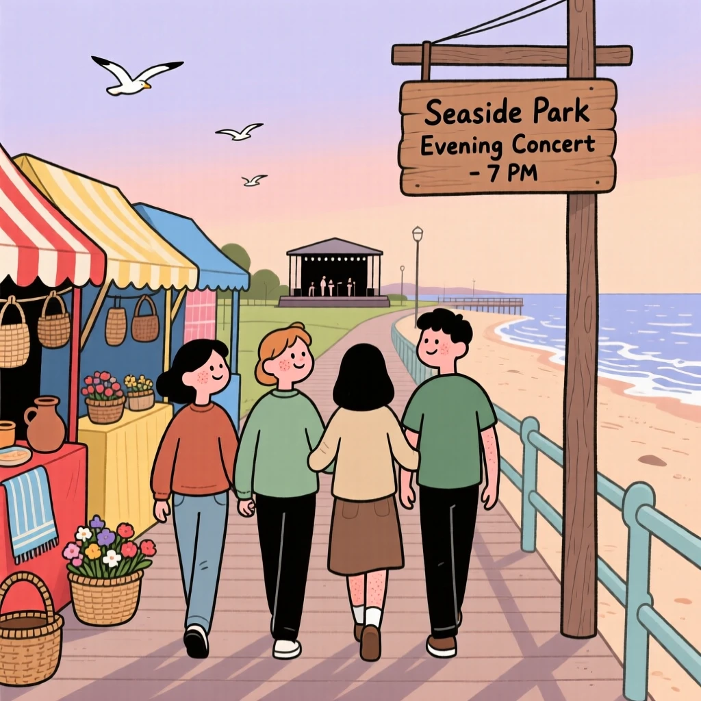 A group of friends link arms and walk down a seaside boardwalk lined with colorful market stalls, heading toward an evening concert in the park.