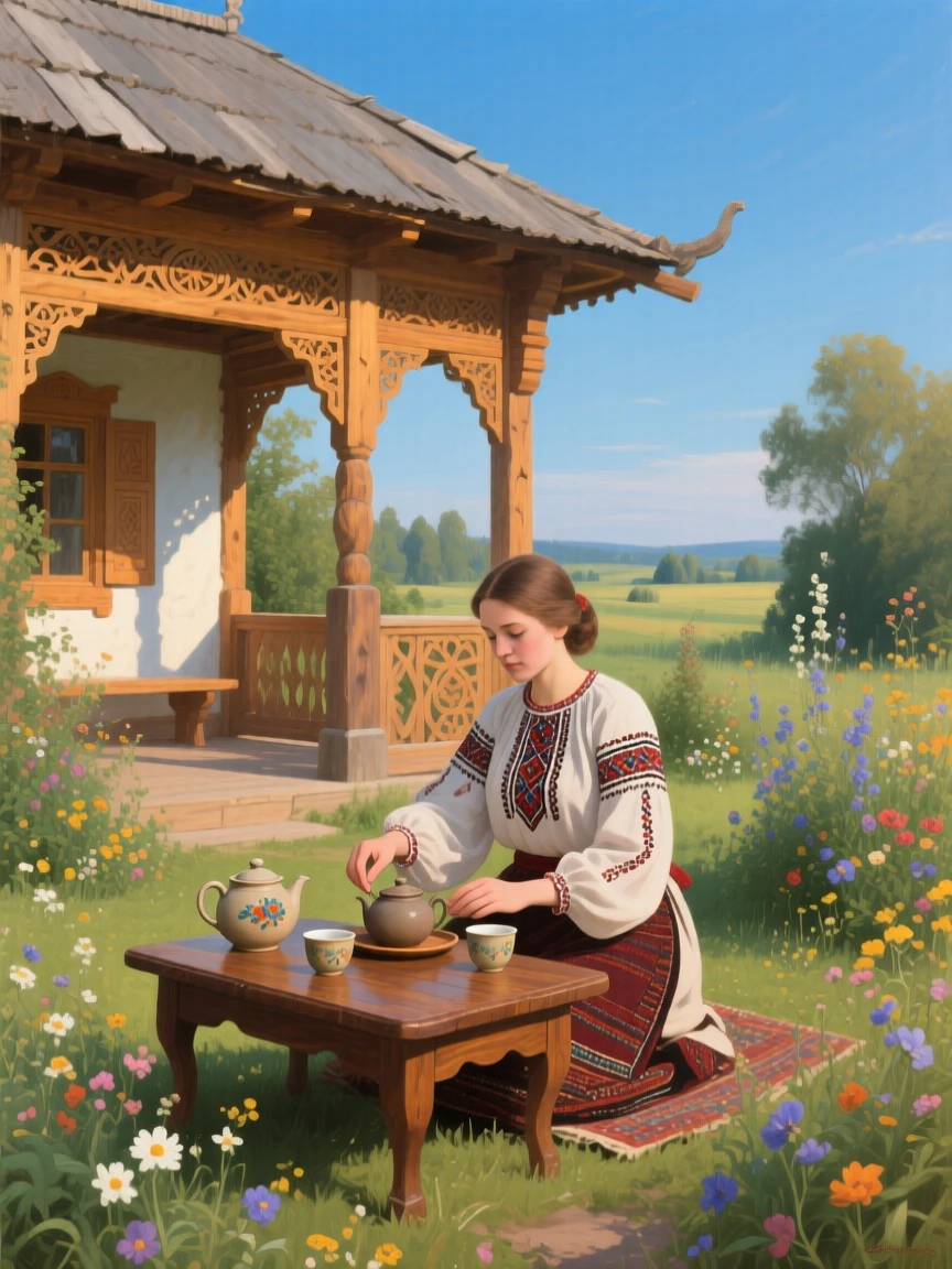 A centered composition of a traditional tea ceremony performed with quiet grace in a garden pavilion, in a Ukrainian village, under a clear blue sky.