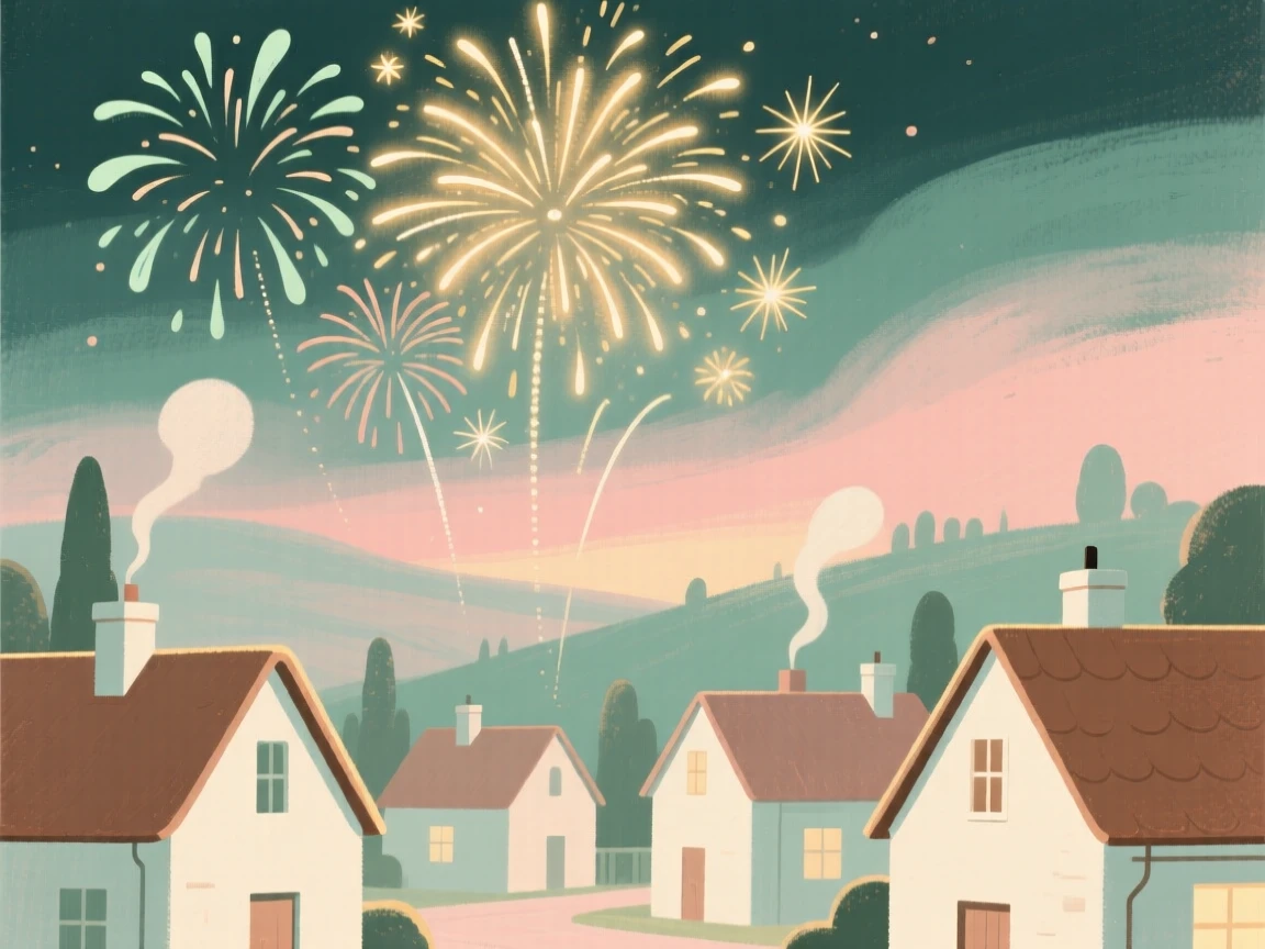 A New Year's celebration with fireworks bursting over a village