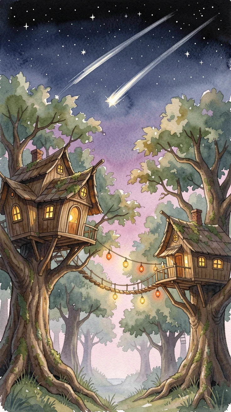 A magical treehouse village connected by lantern-lit bridges as shooting stars streak overhead.