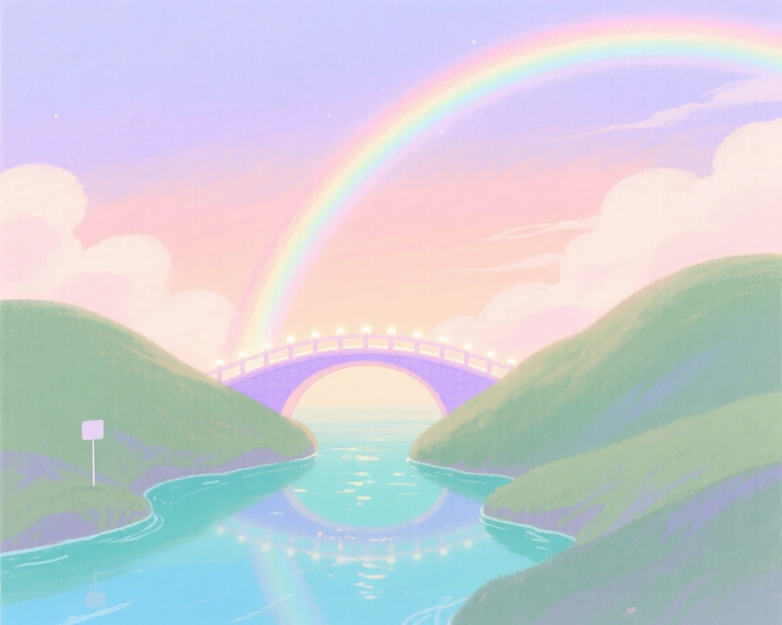 A dreamlike scene of a rainbow bridge between hills, glowing softly with magical light, inviting quiet wonder and imagination
