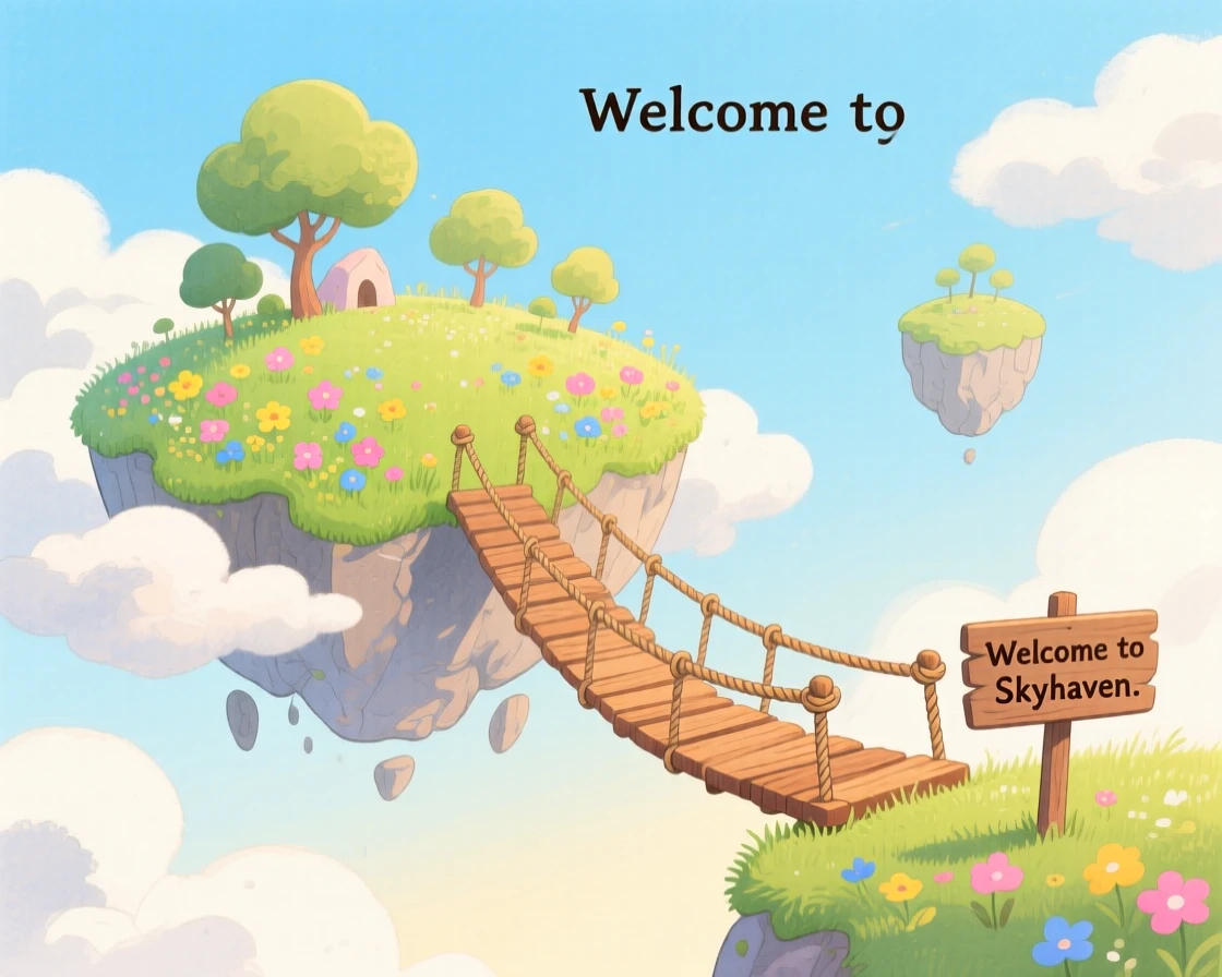 An awe-inspiring look at a floating island connected by a rope bridge.