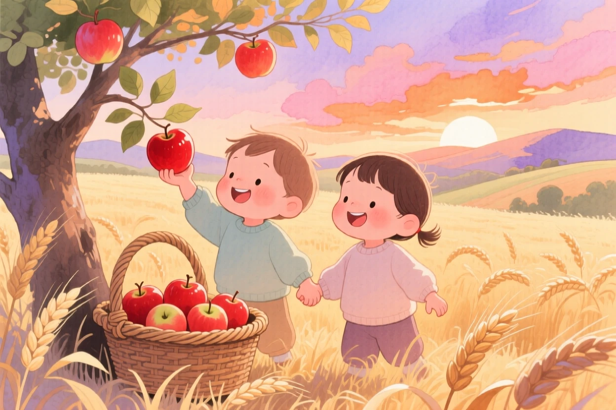 Twin toddlers holding hands picking apples and filling a wicker basket, in a golden wheat field at sunset, capturing the pure joy of childhood wonder.