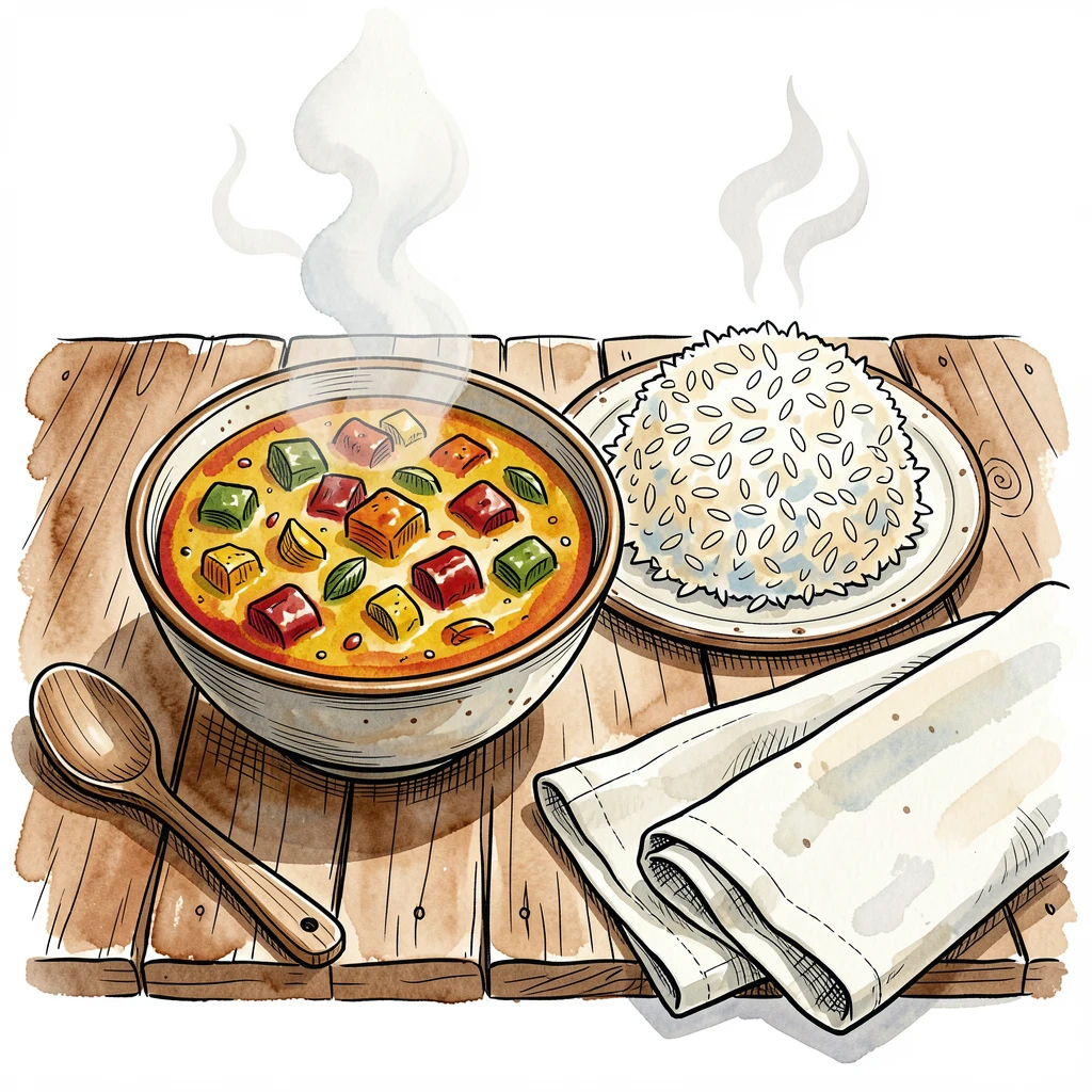 A bowl of vibrant curry served with steaming basmati rice, rustic tableware adding warmth and character to the setting.