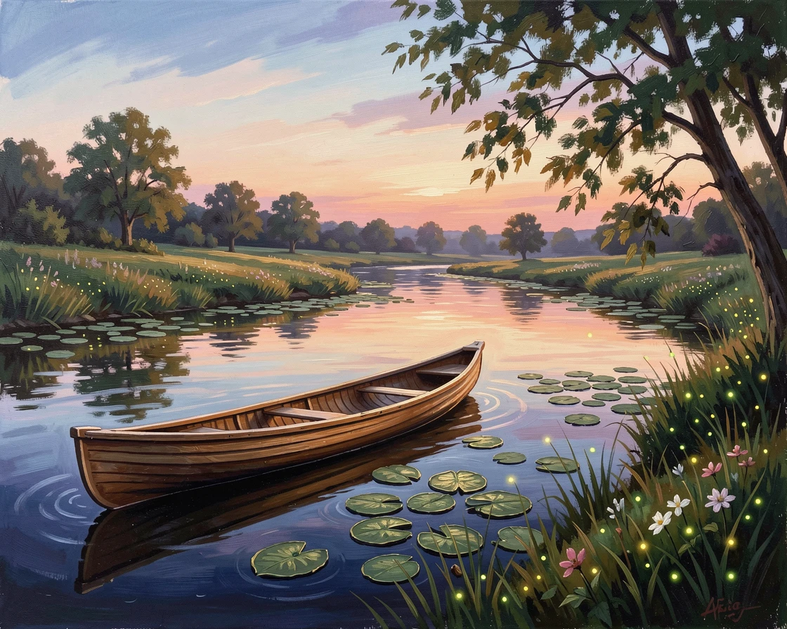 A wide, meandering river through open countryside, with lily pads scattered across the surface near the shore, a canoe drifting quietly past overhanging branches, on a calm summer evening, fireflies rising from the banks.