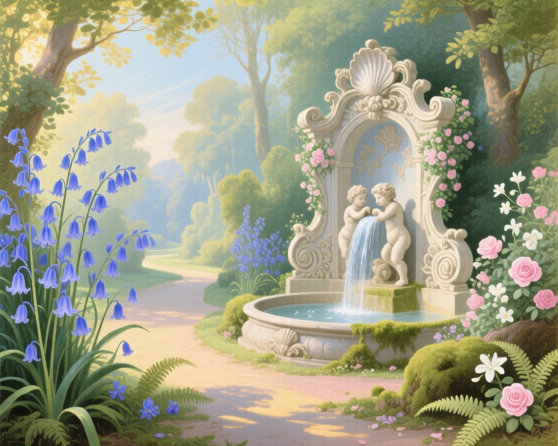 A forest path lined with bluebells leading to a hidden stone fountain  