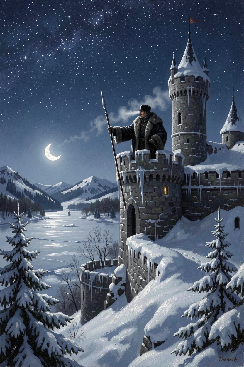 A sentry stands watch atop a snow-covered castle in deep winter beneath a canopy of stars.