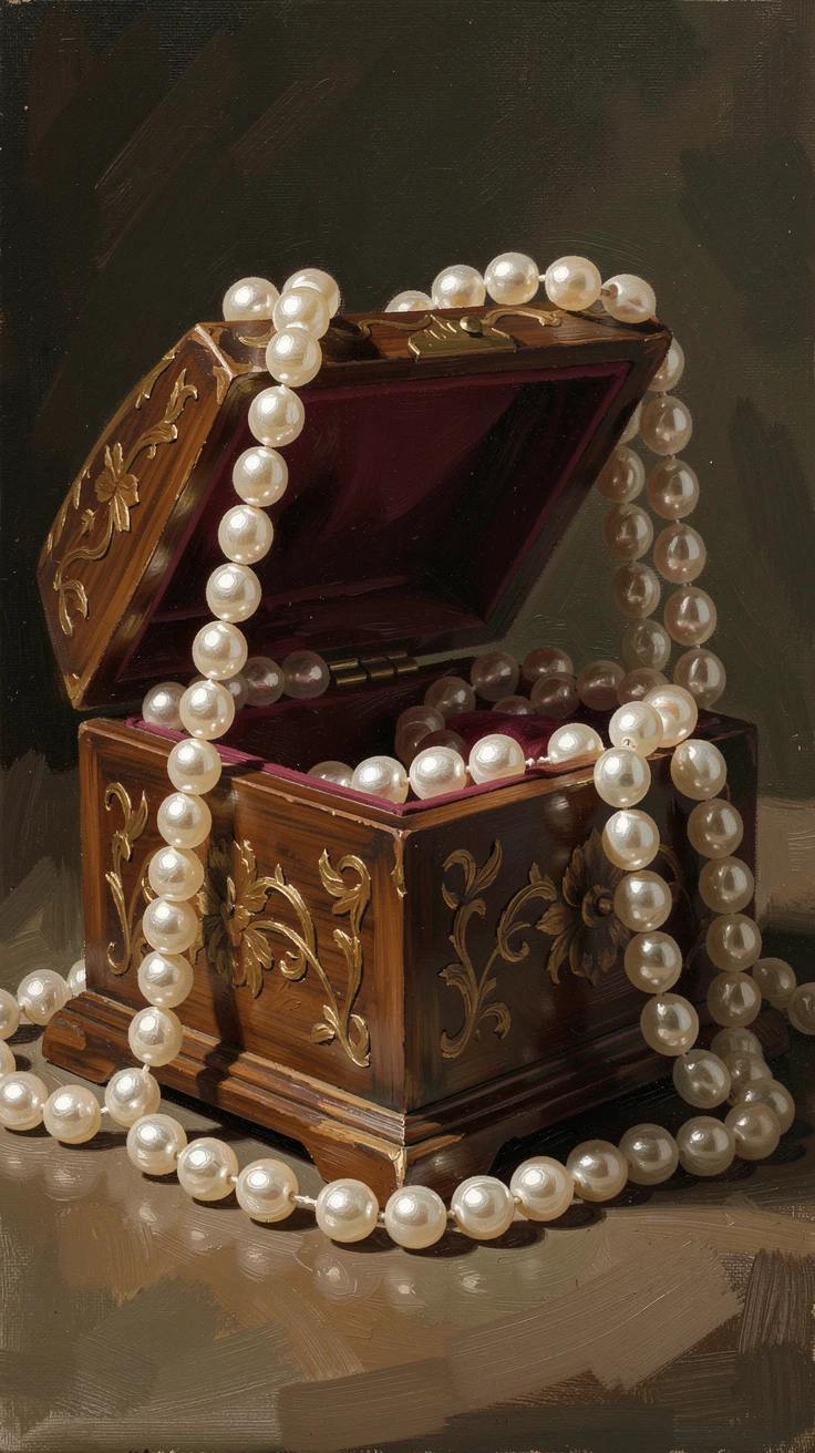 A string of pearls draped elegantly over an ornate jewelry box, with a timeless, refined composition throughout, radiating warmth, richness, and understated opulence