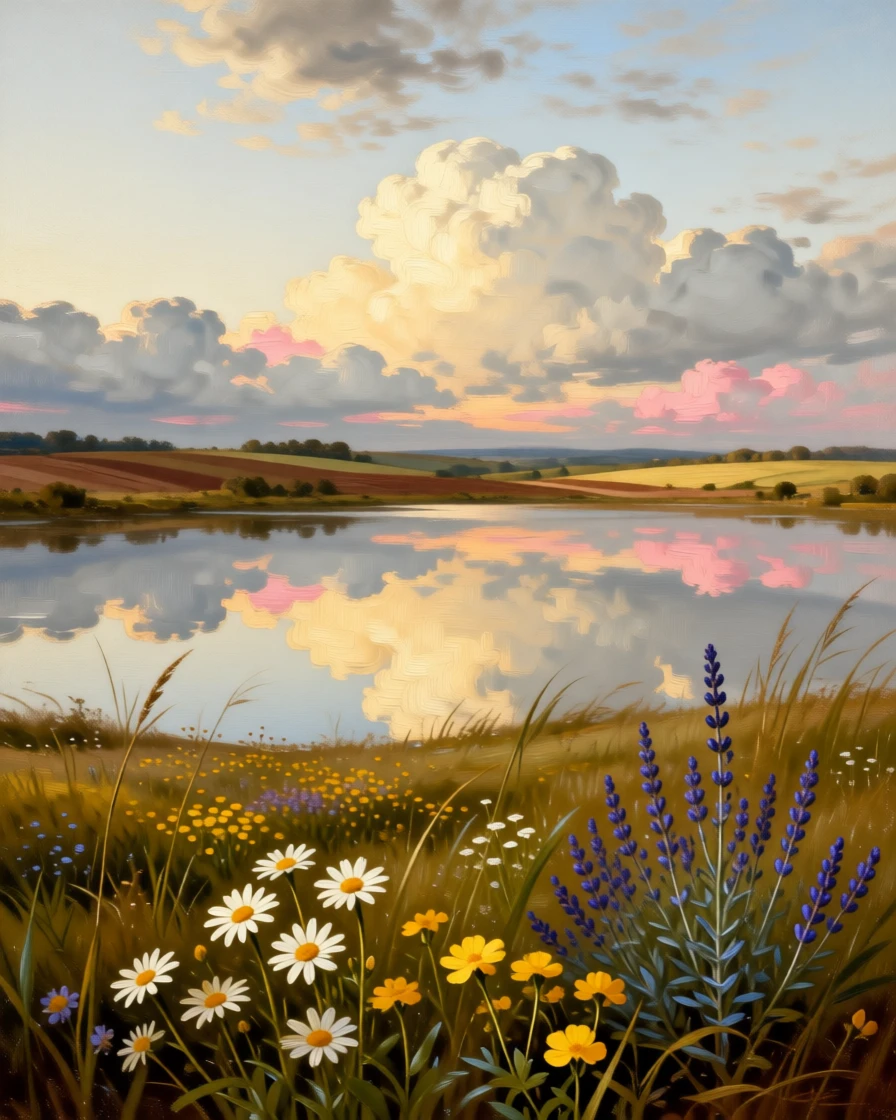 A rolling meadow dotted with wildflowers beneath a sky full of clouds glowing under the last light of a fading afternoon, set at the edge where cultivated land meets wild nature, with clouds mirrored perfectly in still, glassy water; foreground detail frames a sweeping, luminous background, evoking peace, wonder, and quiet renewal.