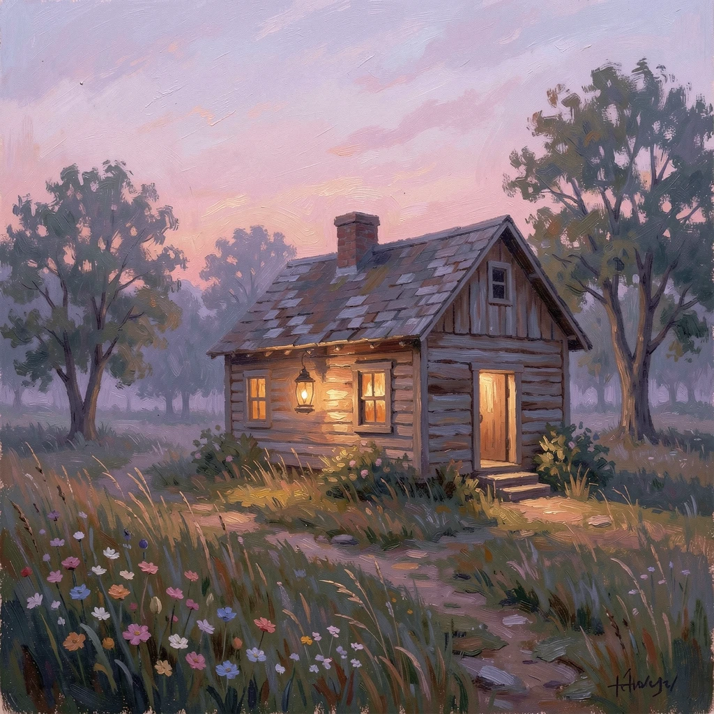 A quiet pioneer homestead at dusk, lantern light glowing in the windows of a small wooden cabin, capturing a moment of quiet intimacy.