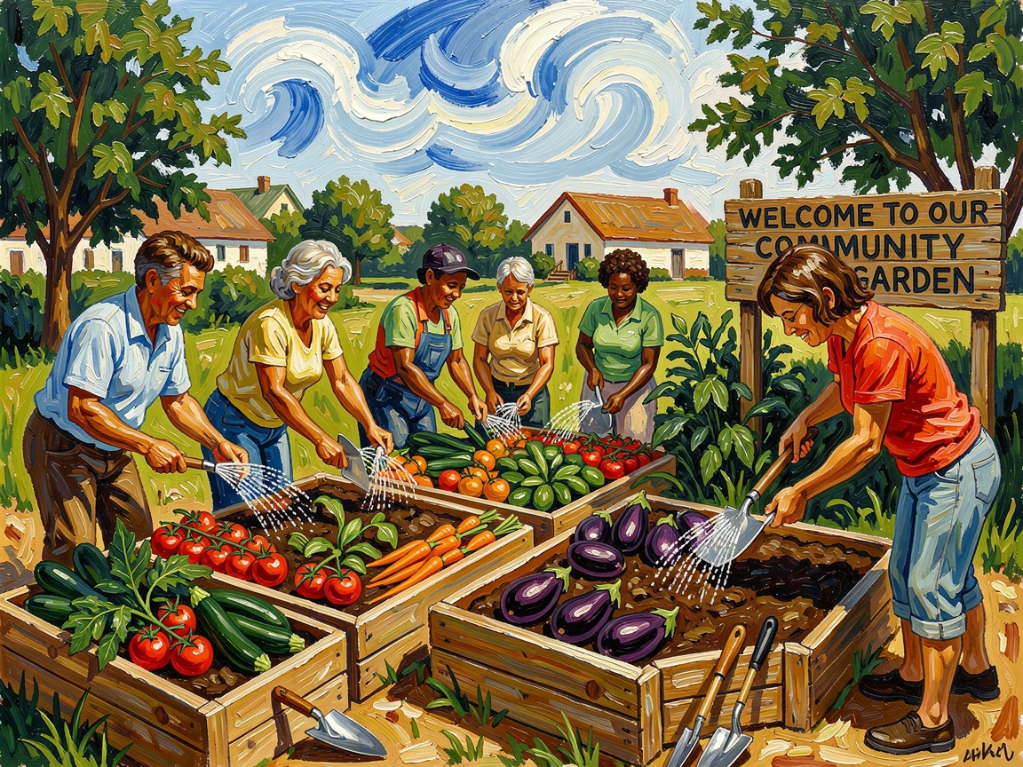 A community garden with neighbors tending raised beds bursting with vegetables.