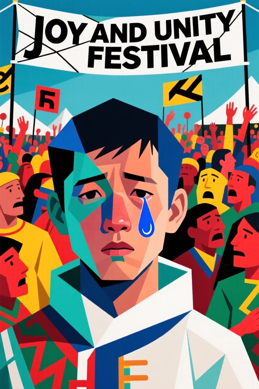 A medium shot of a young man of Inuit heritage shedding a single tear of relief, amid a colorful festival crowd.