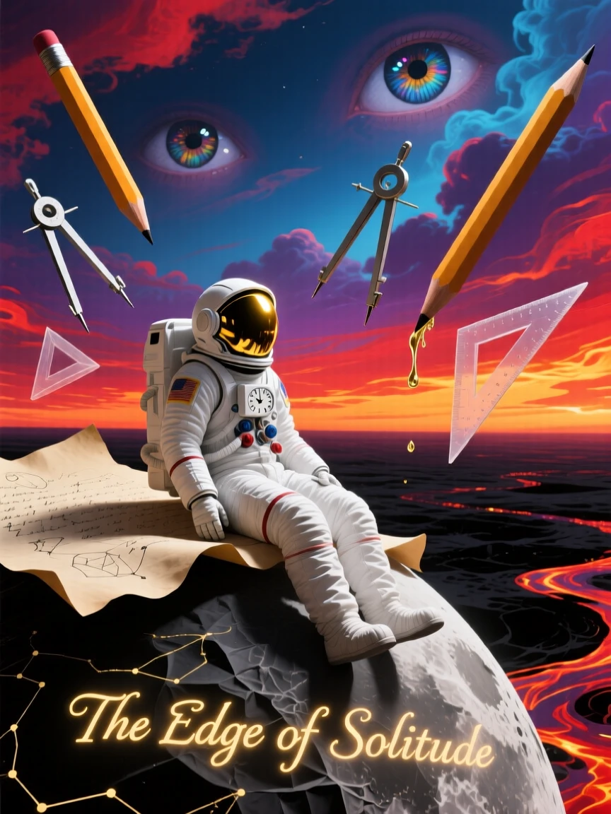A lone astronaut resting quietly on the surface of a paper moon pauses thoughtfully at the edge of an unfamiliar world, as everything around them holds still in quiet reverence.