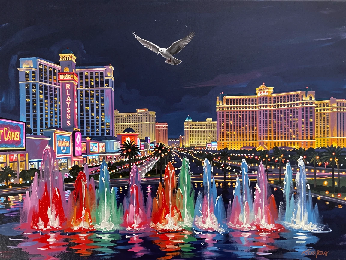 A vibrant nighttime scene in Las Vegas shows the Strip glowing with countless lights, fountains dancing in front of illuminated hotel towers, the silence broken only occasionally by the call of a bird crossing the open sky.
