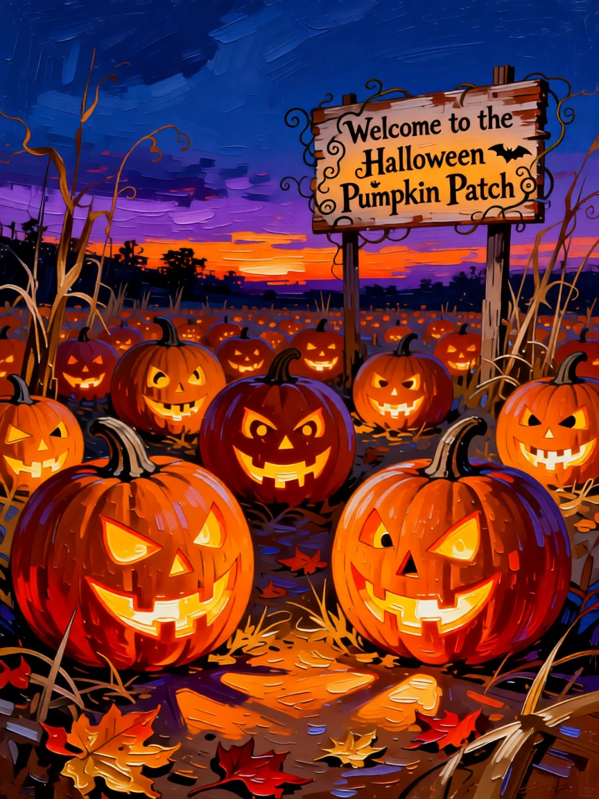 A Halloween pumpkin patch glowing with carved jack-o'-lanterns at dusk