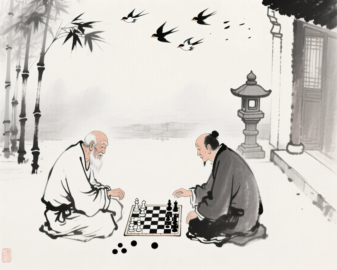 An old man plays a quiet game of chess with a neighbor in a courtyard, as birdsong fills the quiet morning air.