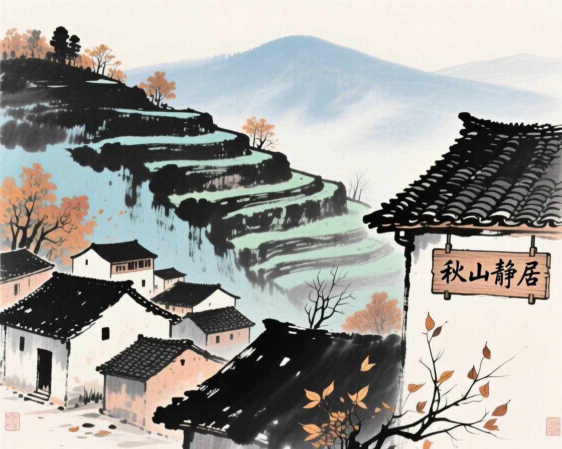 A terraced hillside village with tiled rooftops catching the light, filled with tranquil stillness, in late autumn.