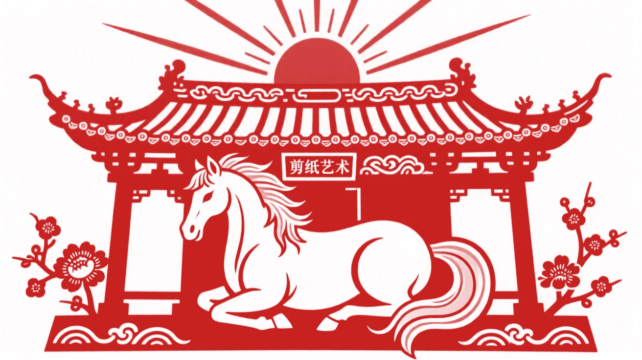 A silver-maned horse, nesting beneath the eaves of an old temple, watched over by a rising sun in the distance.