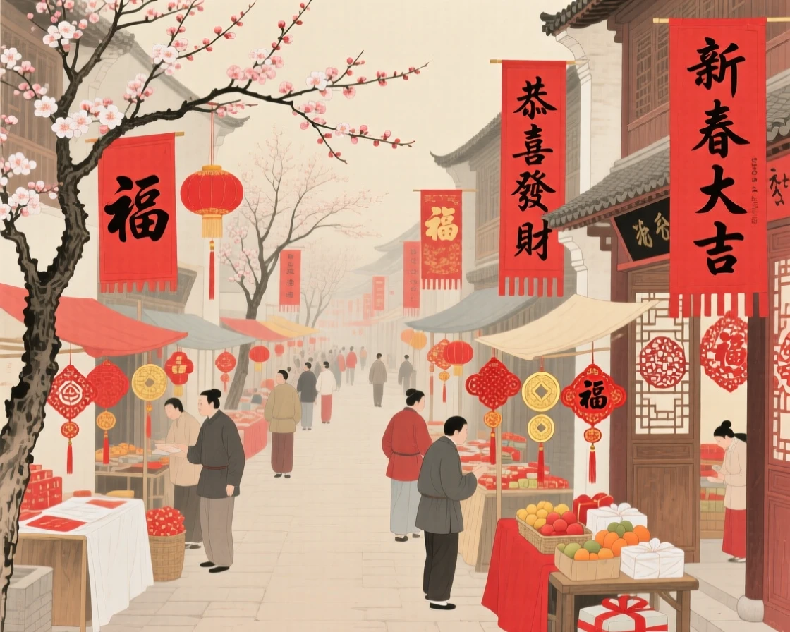A New Year's market filled with red banners and paper decorations, framed by blossoming trees along the street