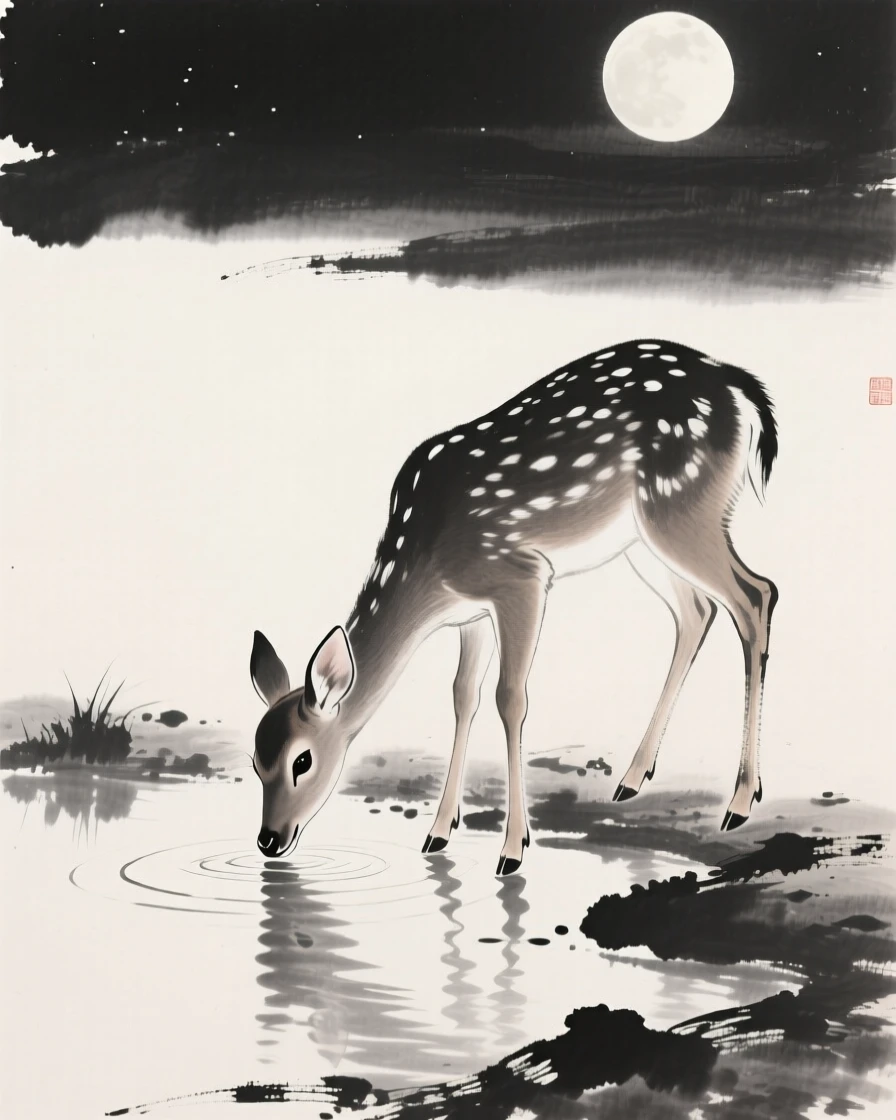 A young fawn beside its mother drinking from a still forest pool in a moonlit clearing, captured in profile against a soft, empty background, carrying a sense of quiet dignity and wildness.