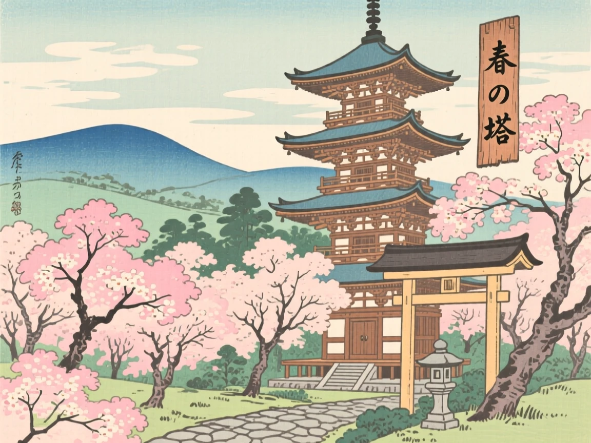 A multi-tiered wooden pagoda rising above blossoming cherry trees.