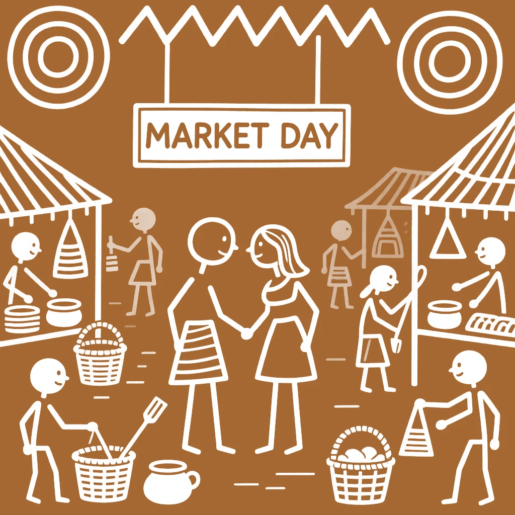 A couple meeting in secret exchanging a gentle glance across a crowded market.