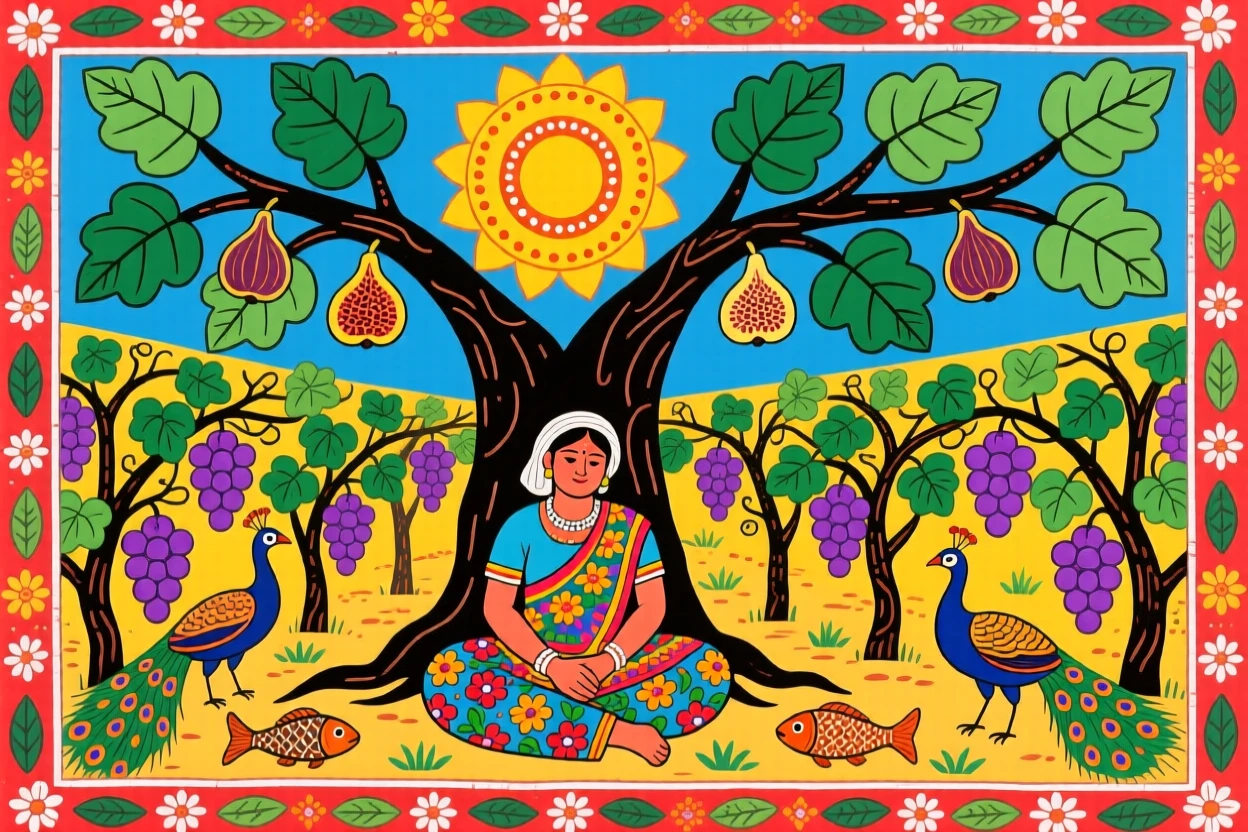 A vineyard worker resting beneath a fig tree at midday.