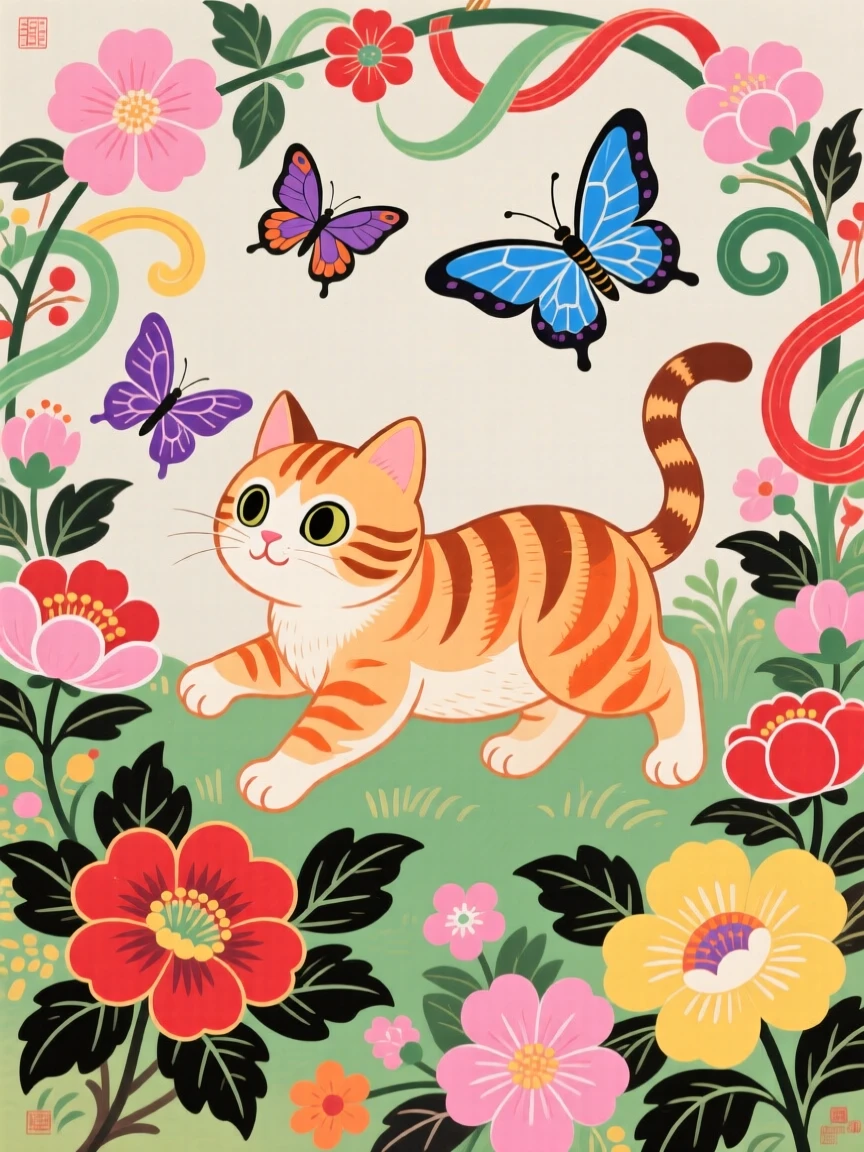 A curious tabby kitten chasing butterflies in a garden.