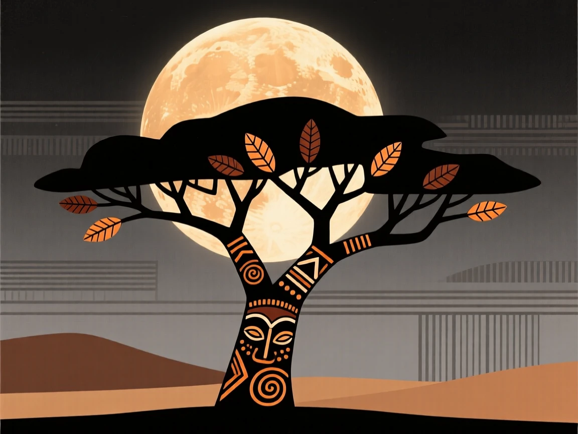 A full moon rising above a silhouetted acacia tree.
