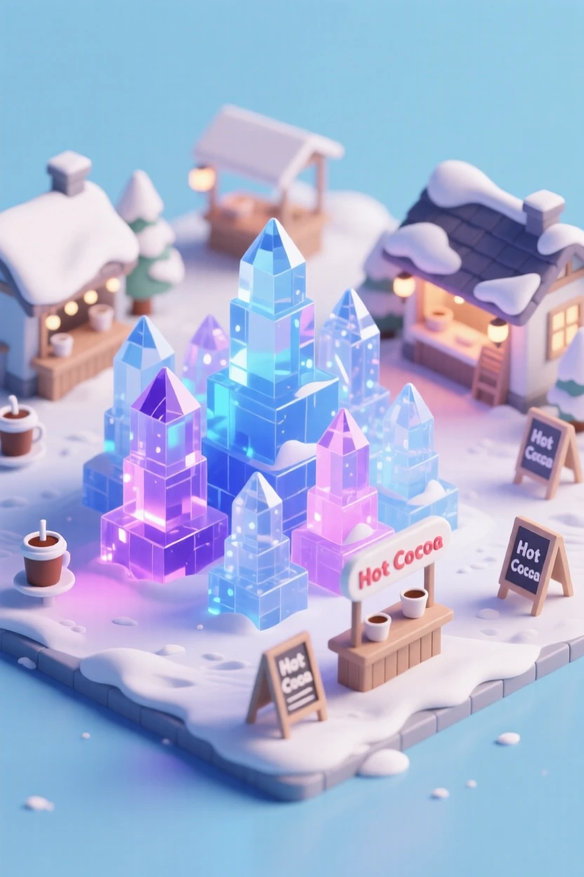 A winter solstice ice festival with elaborate ice sculptures glowing under colored lights, hot cocoa stands nearby.