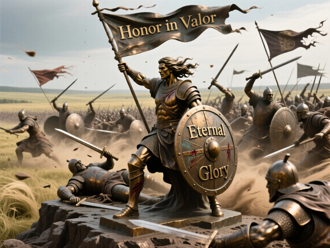 A great battle fought upon a windswept field, rendered with epic, cinematic composition, evoking legend and timeless drama