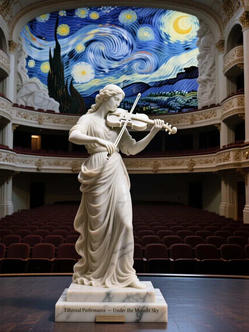 A beautifully composed image of a violinist performing for an empty, moonlit theater, under a brilliant, colorful sky, full of atmosphere and visual storytelling