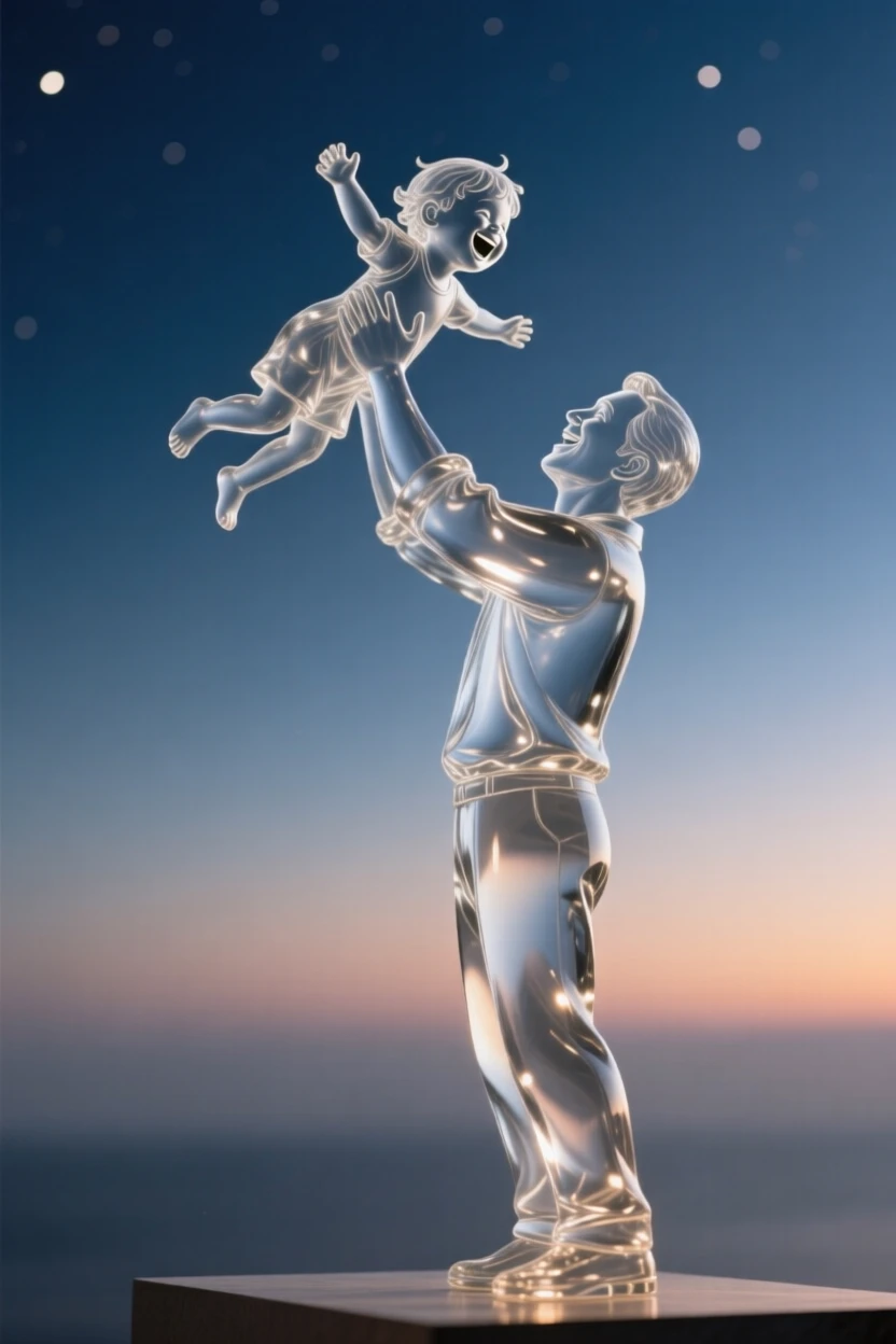 As the first stars begin to appear overhead, a parent lifting a laughing child high into the air, while their laughter carries softly on the breeze