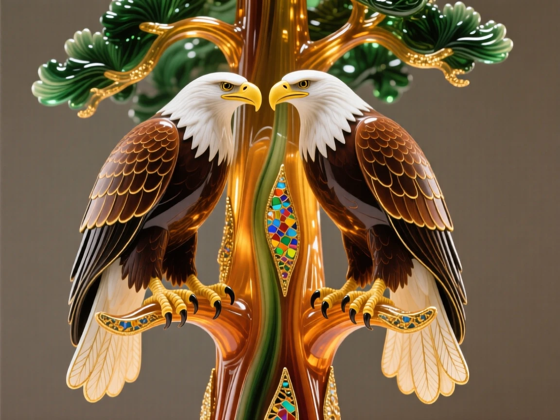 A pair of eagles perched together atop a towering sequoia, majestic and bonded.