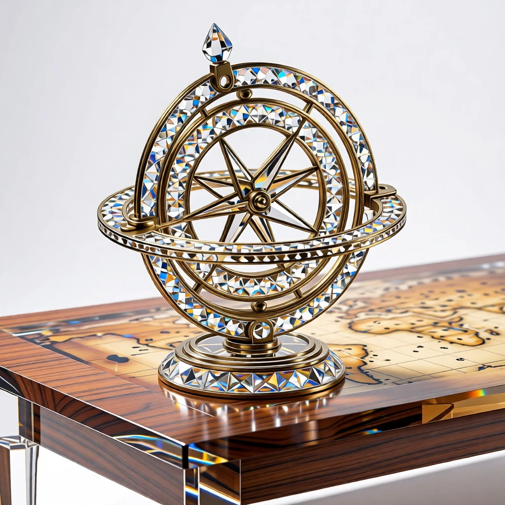 An antique brass astrolabe resting on a map-covered wooden table.