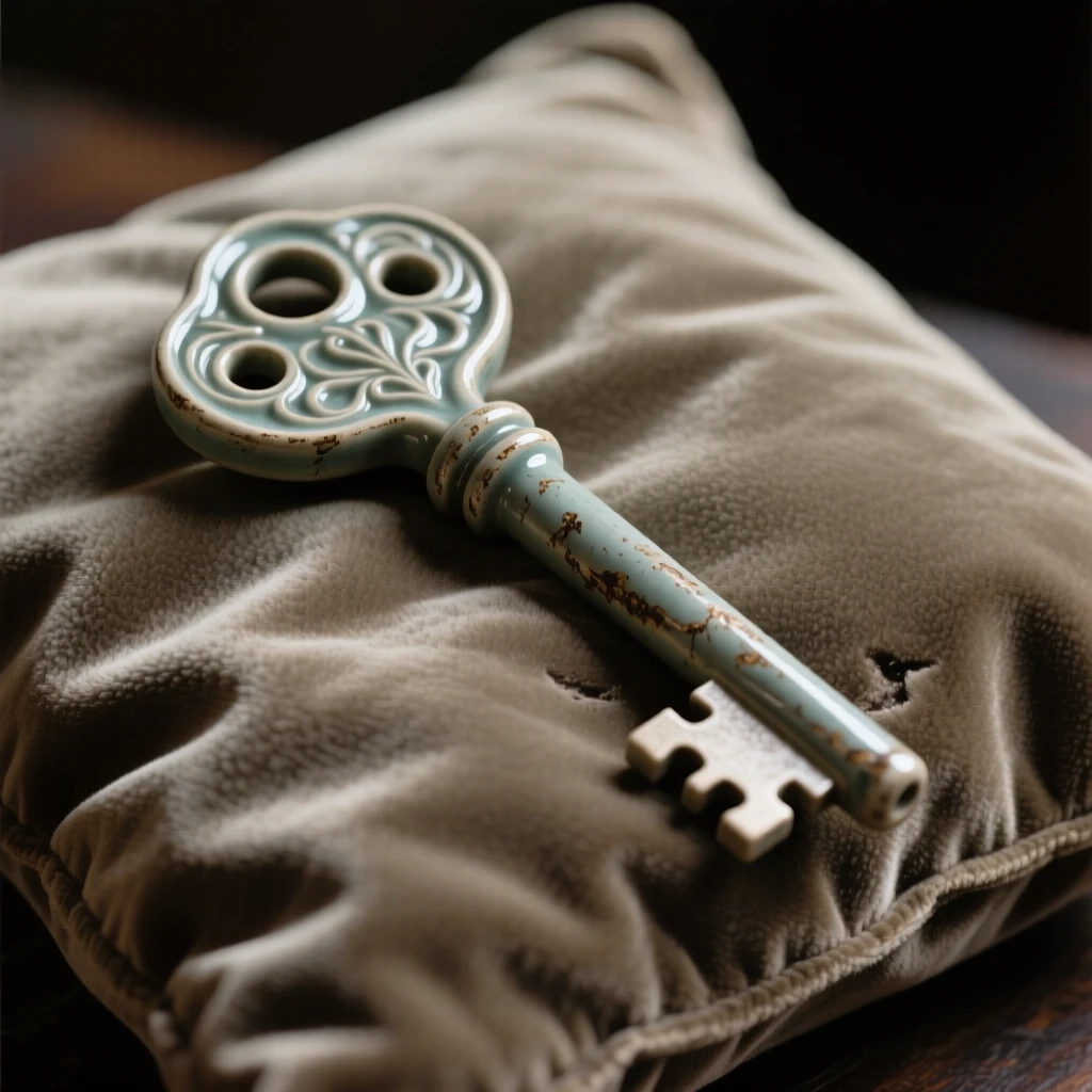 An old key resting on a velvet cushion posed as if just set down a moment ago, showing small, charming signs of age, capturing beauty in the overlooked and ordinary.