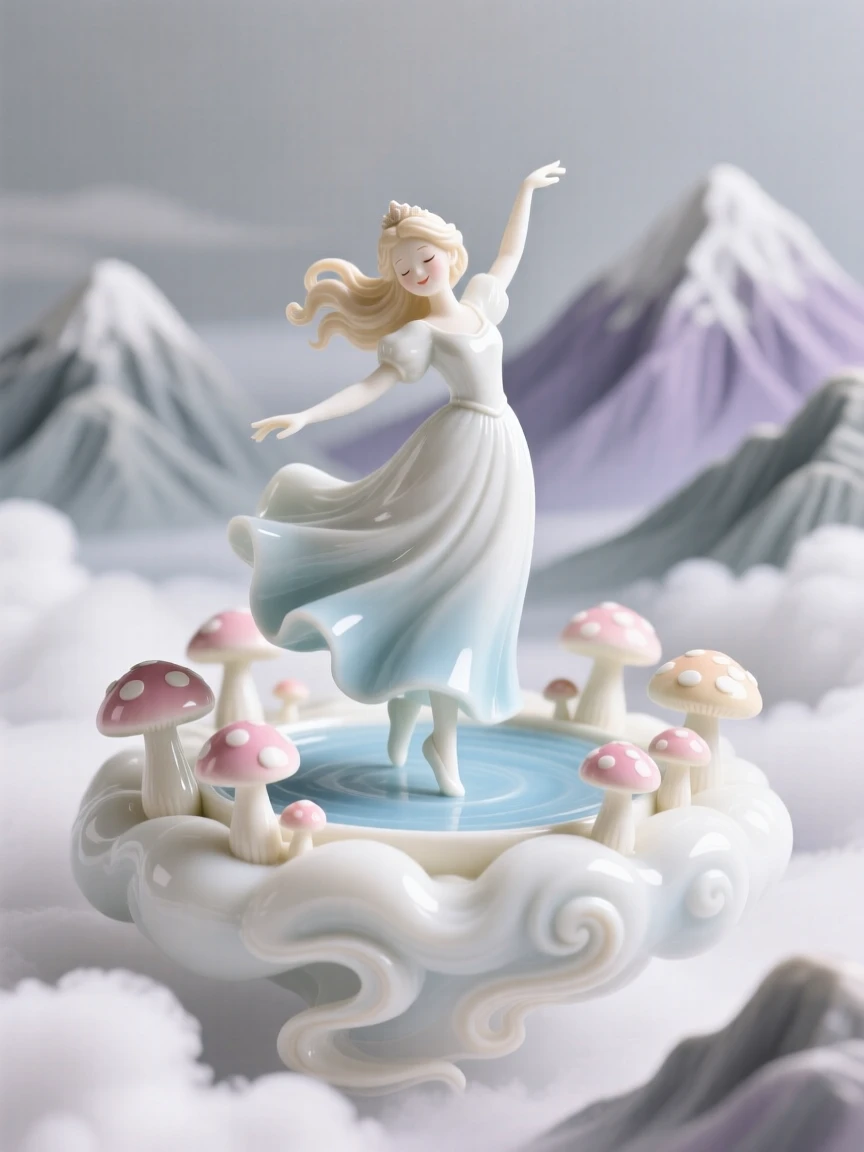 A whimsical scene of a princess dancing in a ring of toadstools in a cloud kingdom above the mountains.