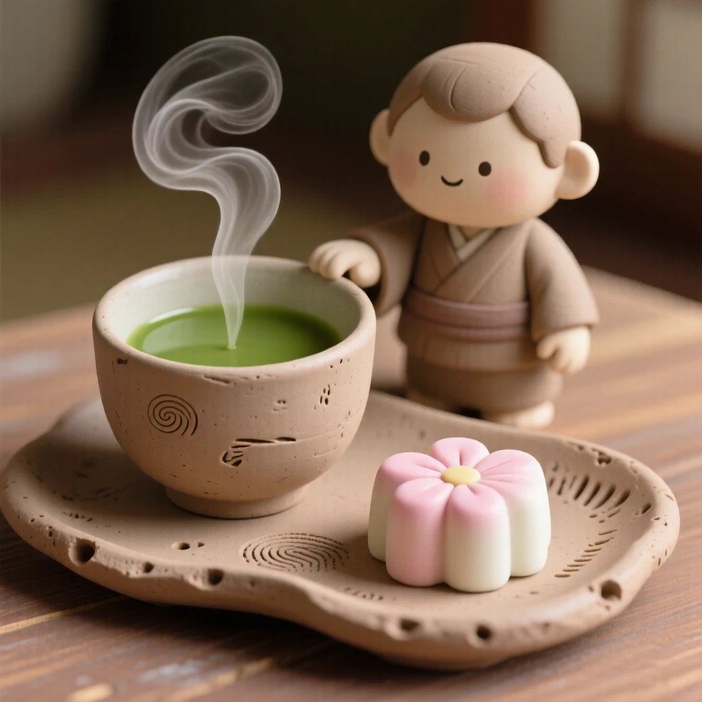 A steaming cup of matcha beside a delicate wagashi sweet