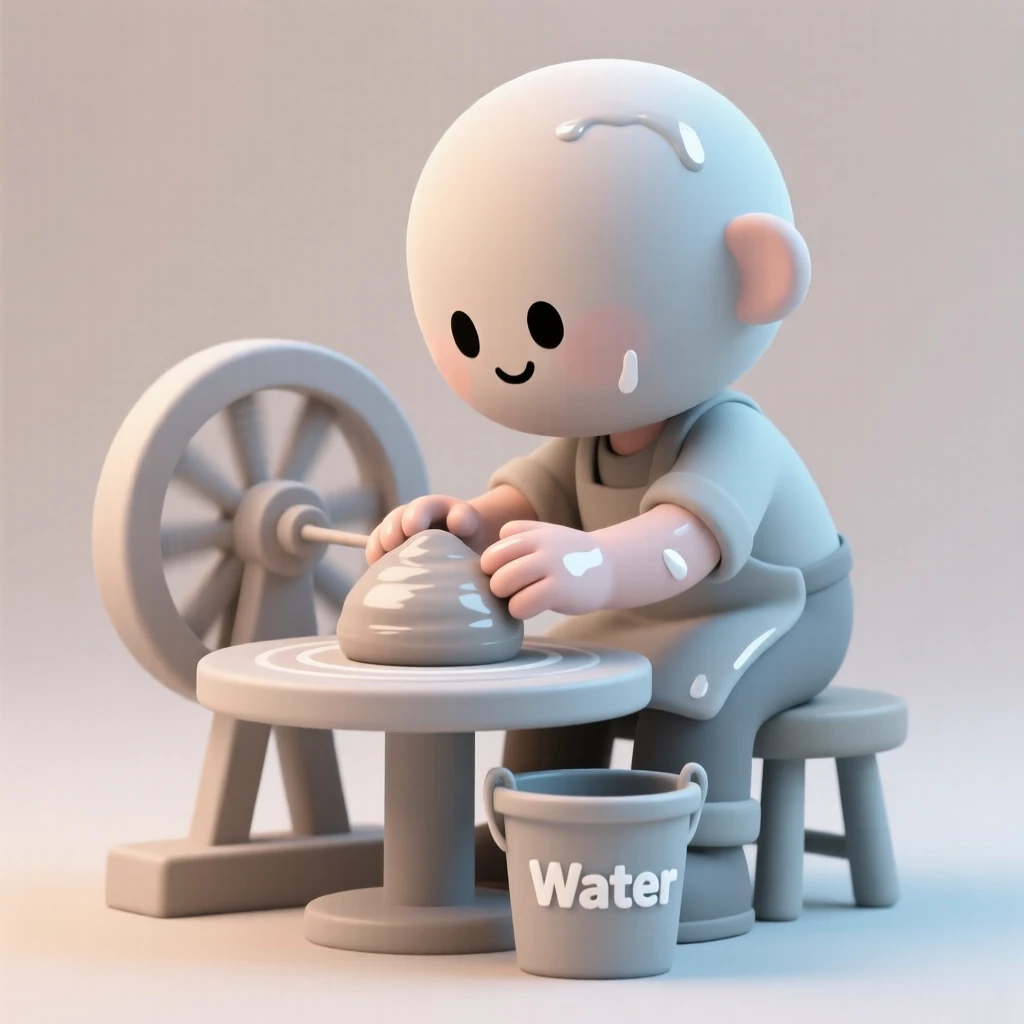 A focused potter centers a lump of clay on a spinning wheel, hands slick with water and concentration.