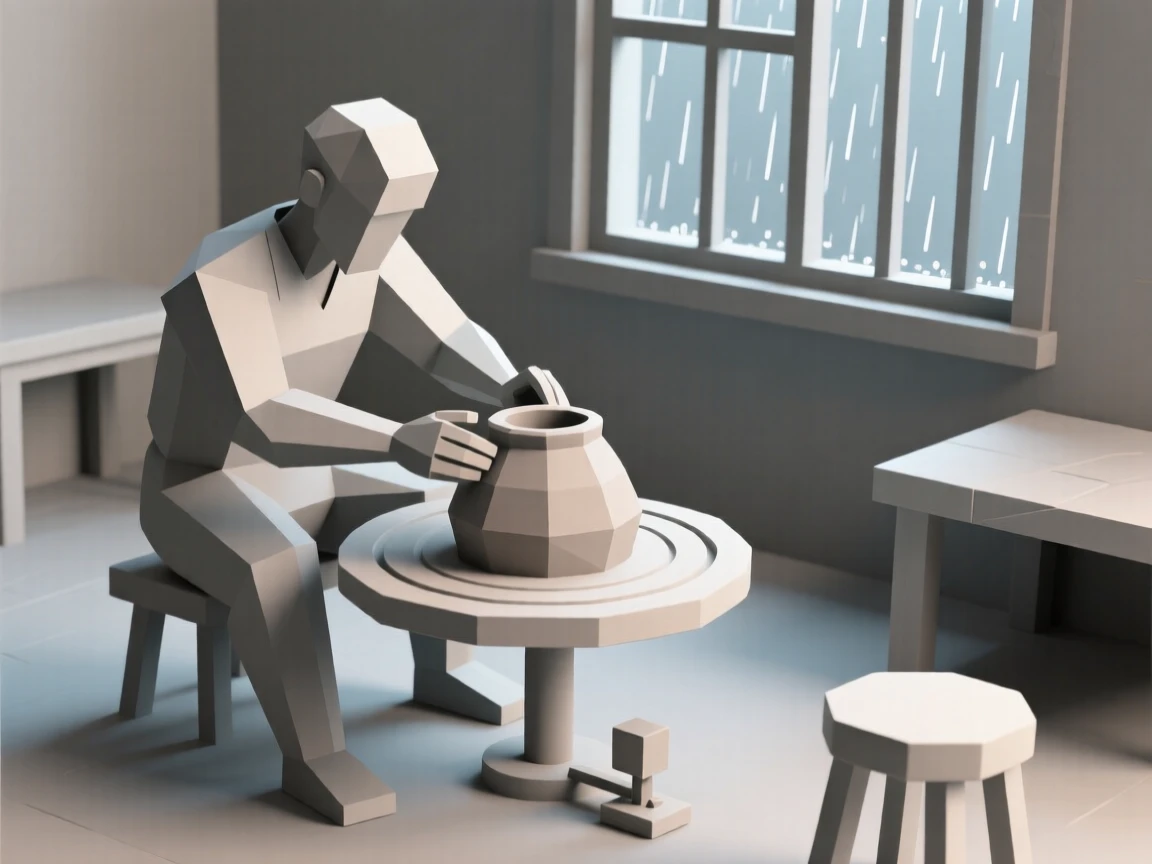 A potter shaping clay on a spinning wheel, on a quiet rainy afternoon. fine details highlight skill and craftsmanship. The scene feels energetic and inspiring.