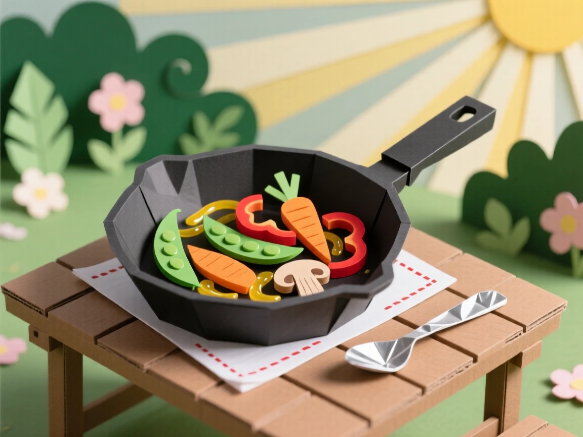 A sizzling skillet of stir-fried vegetables served at an outdoor garden table, with morning light catching every texture, evoking cozy, homemade charm.