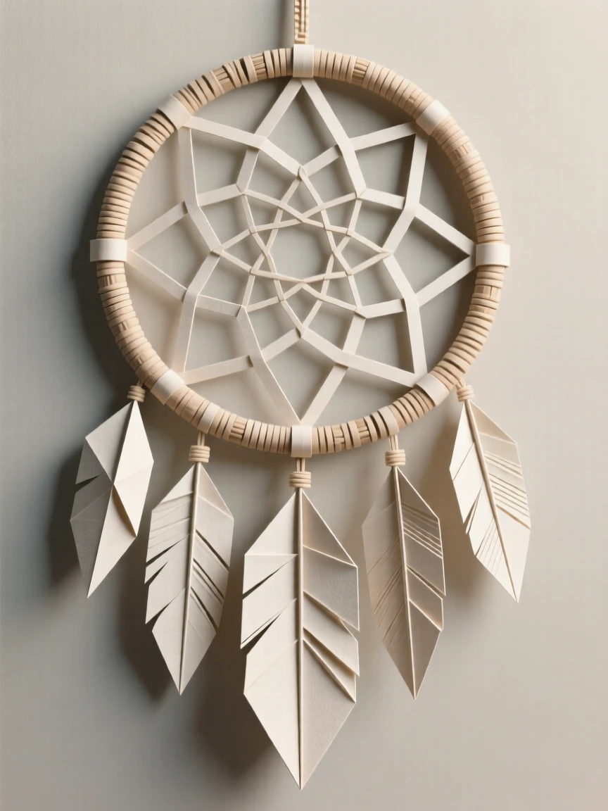 A decorative dreamcatcher design with feathers trailing from a woven circular frame.