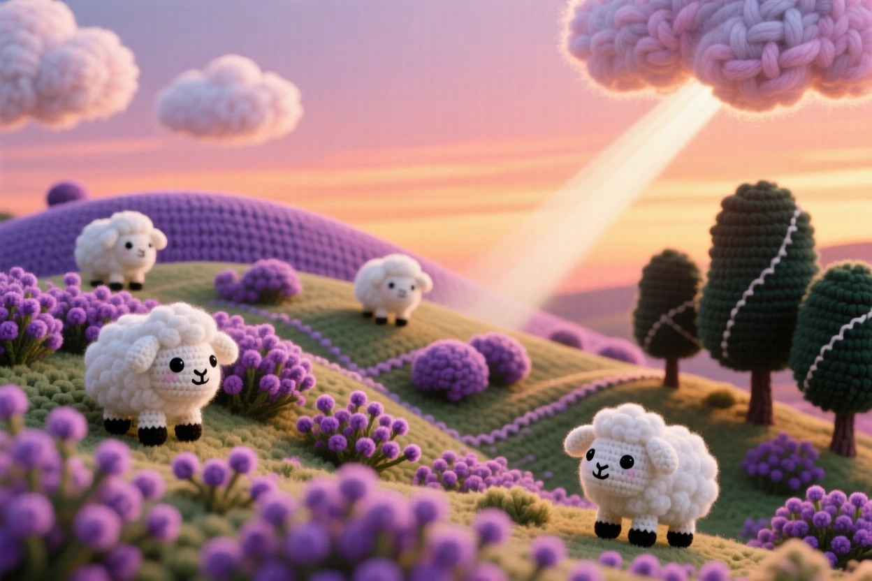 a rolling hillside covered in blooming heather, glowing purple under a soft sunset, dotted with grazing sheep under a sky painted in warm sunset colors; a soft beam of light breaking through the trees completes the scene, full of gentle awe at nature's quiet grandeur.