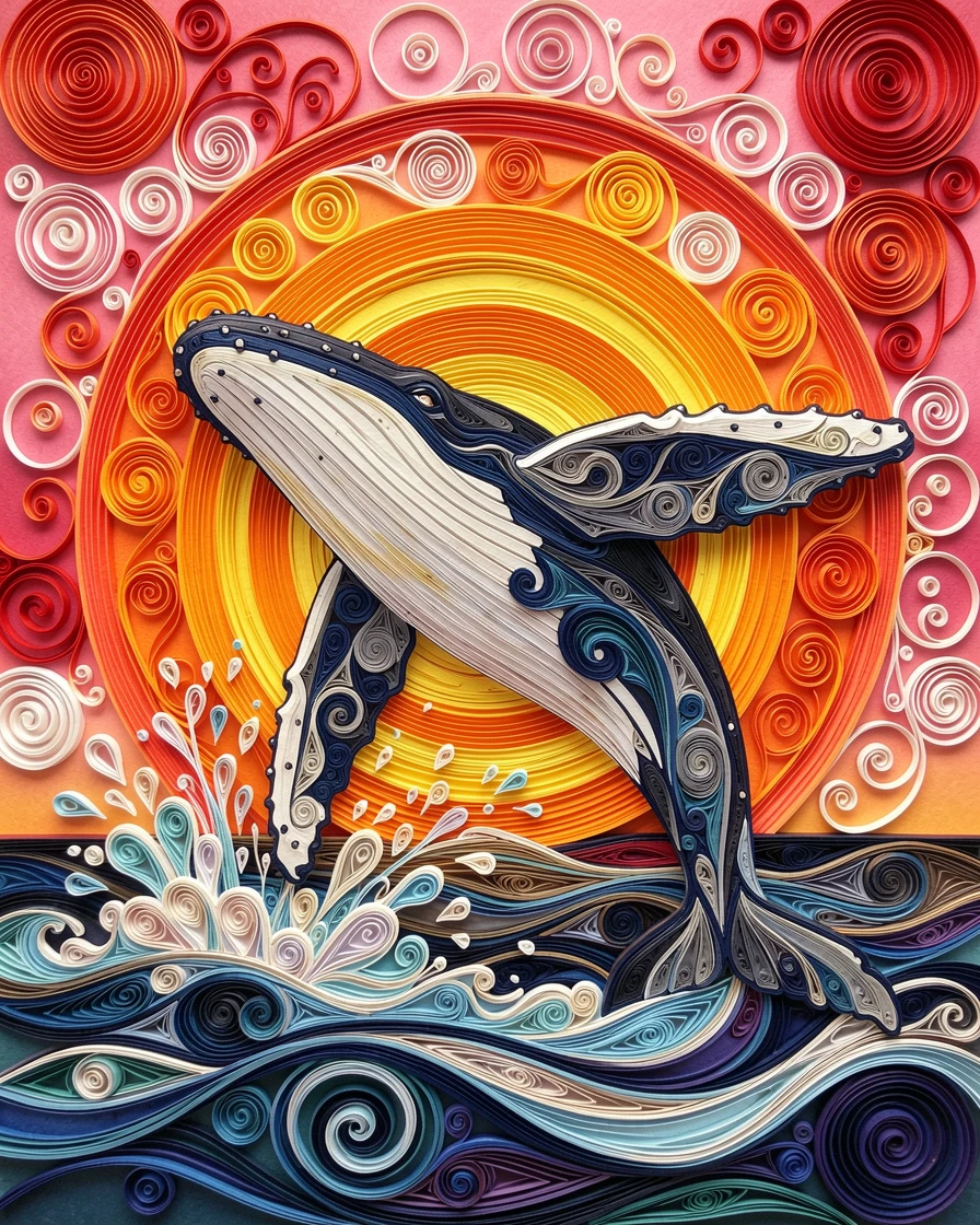 A striking wildlife scene of a humpback whale breaching against a setting sun against a dramatic glowing sunset sky, with fine texture visible in every strand of fur, captured mid-action with dynamic movement.