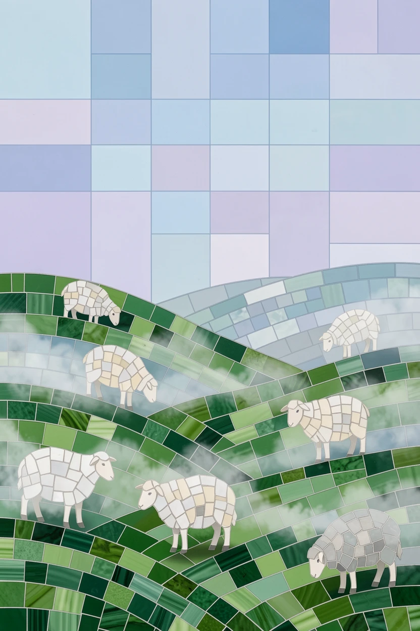 Rolling emerald hills dotted with grazing sheep under a soft morning mist.
