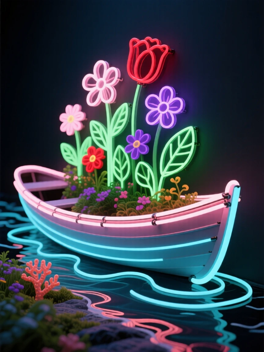 A rowboat repurposed as a flower planter in a coastal garden.