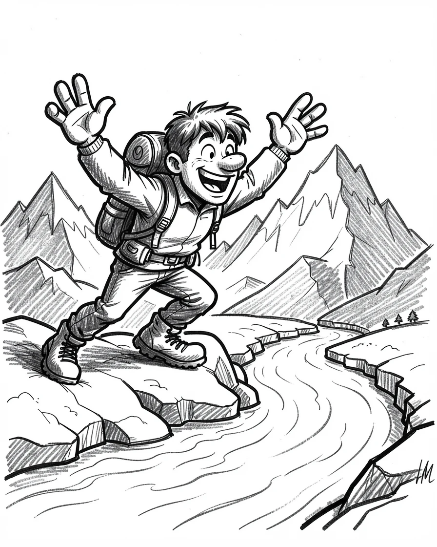 A hiker reaching a mountain summit beside a glacier-fed river.