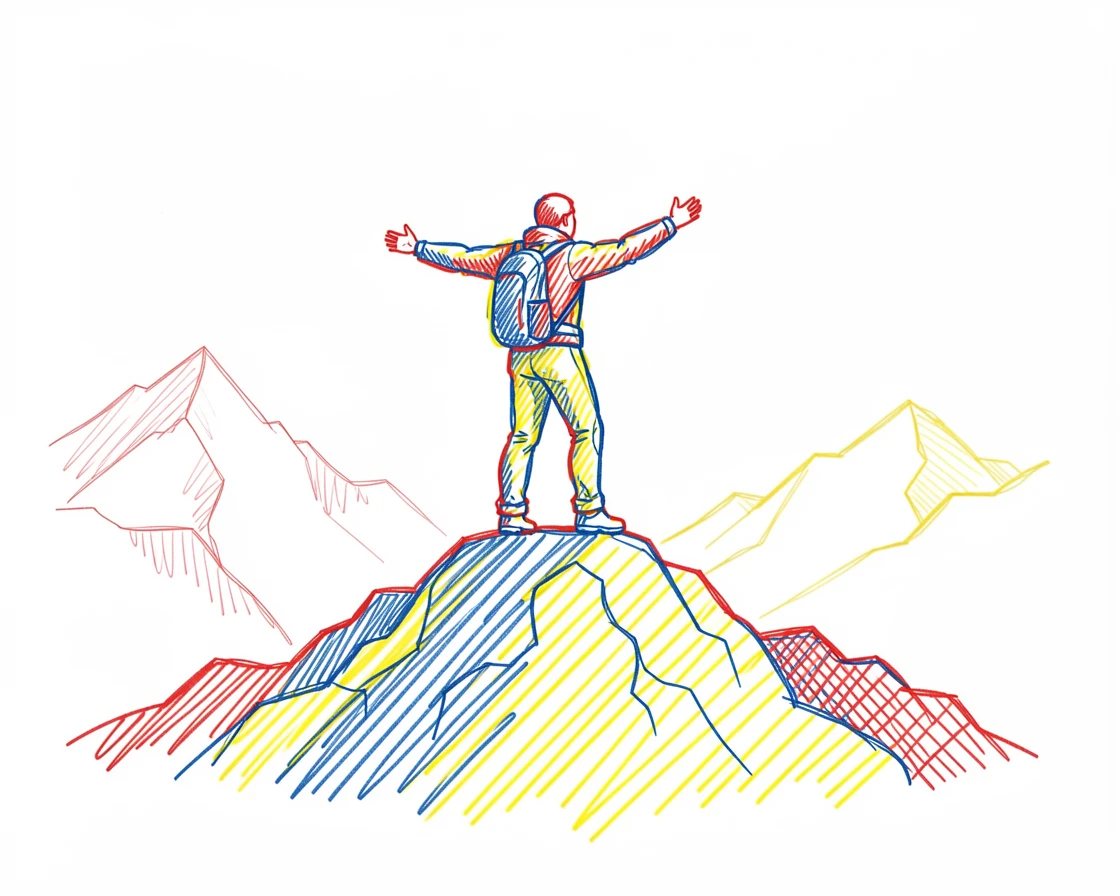 A hiker reaching a mountain summit, arms outstretched in triumph