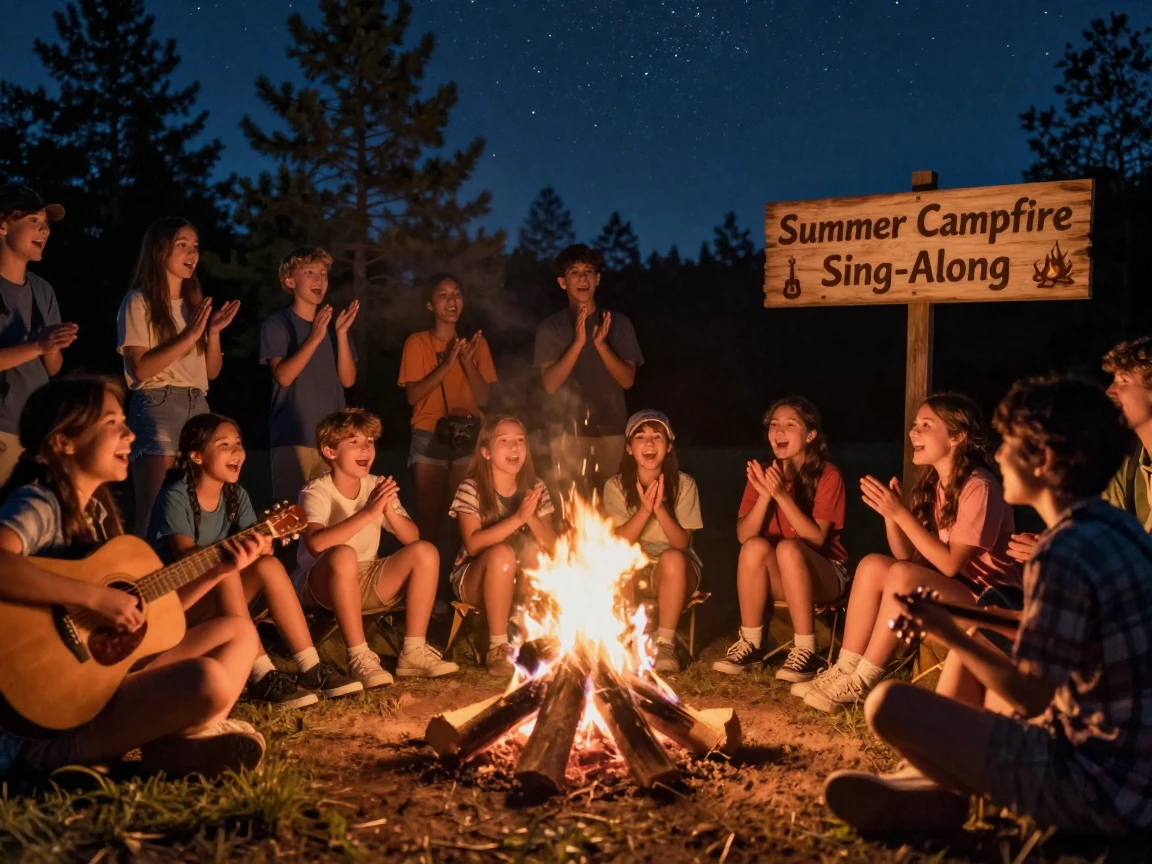 A summer camp campfire sing-along under the stars