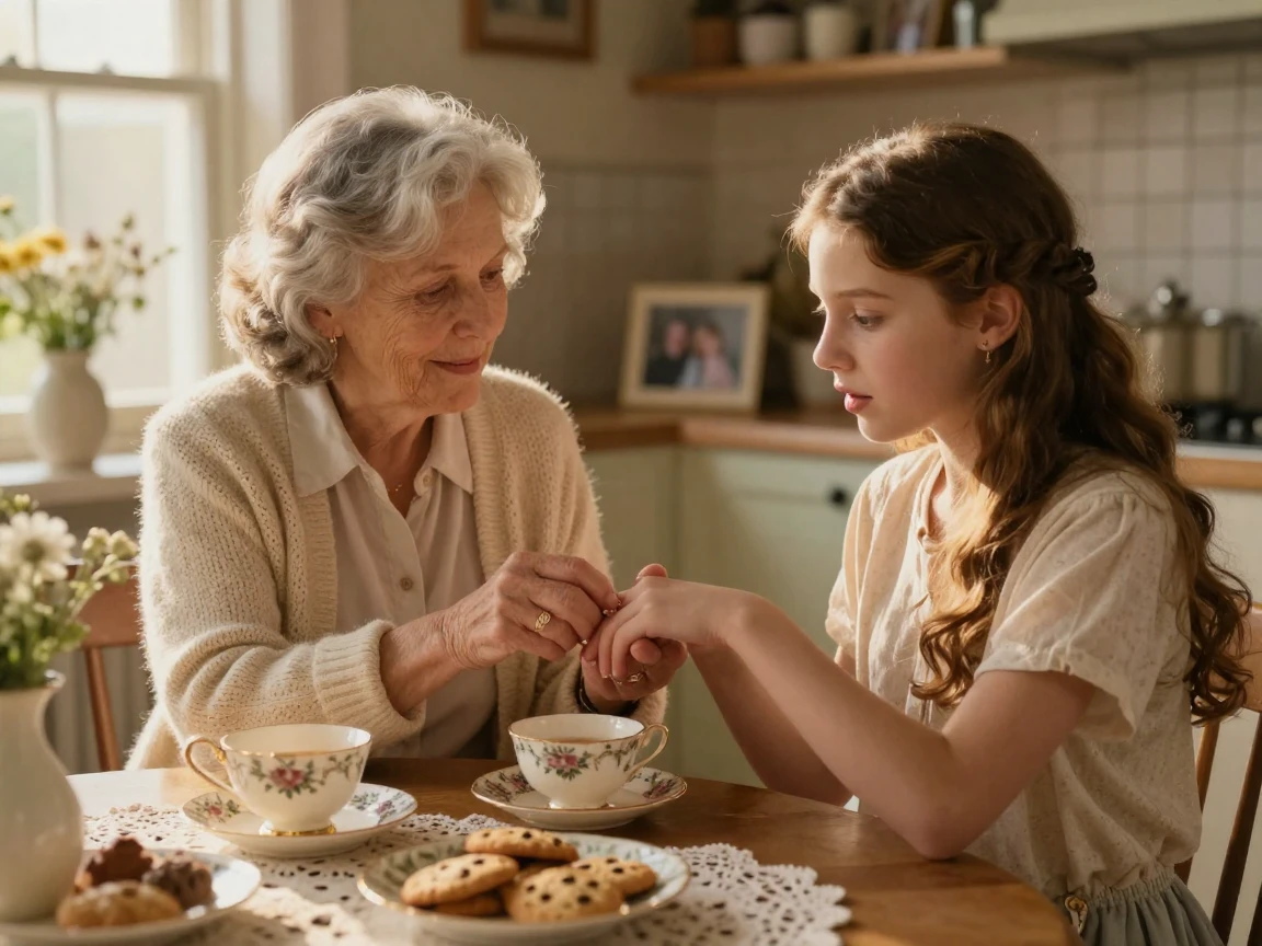 A grandmother passes down her wedding ring to her granddaughter over afternoon tea.